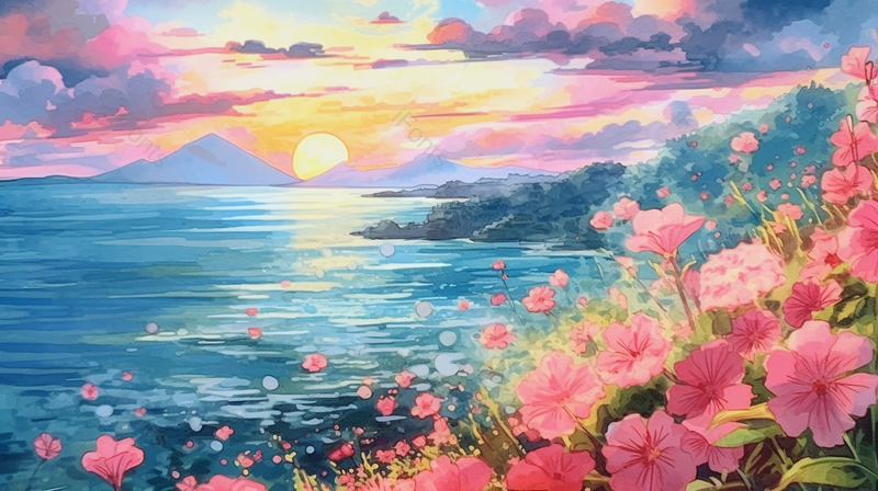 唯美清新自然风景花朵海边日出插画手绘背景壁纸,插画/手绘图,插画/手绘图库,插画/手绘图下载,插画/手绘